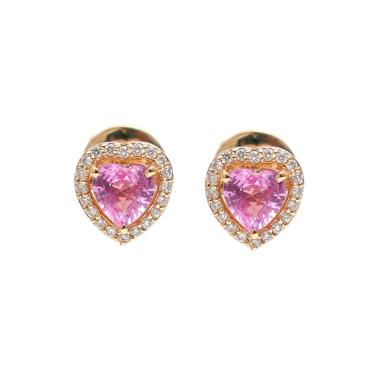 Heart Pink Sapphire Halo 18K Natural Diamond Rose Gold Stud Earrings