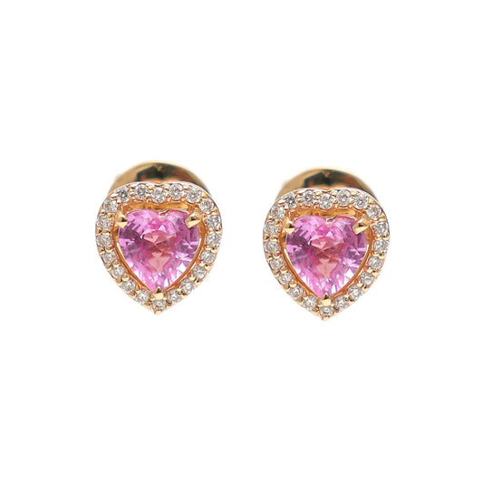 Heart Pink Sapphire Halo 18K Natural Diamond Rose Gold Stud Earrings