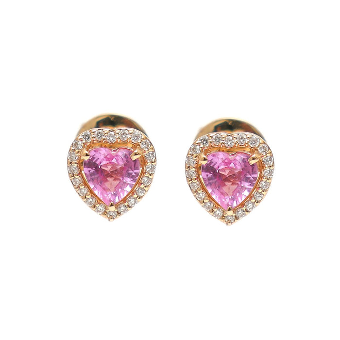 Heart Pink Sapphire Halo 18K Natural Diamond Rose Gold Stud Earrings