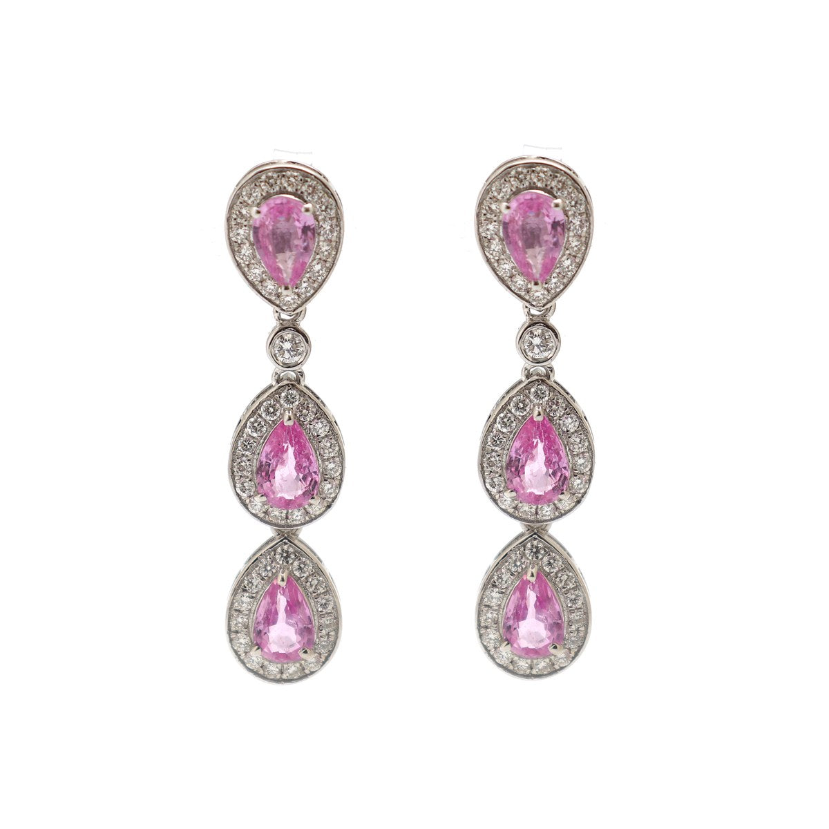 Pink Sapphire Radiance Halo 18K Natural Diamond White Gold Drop Earrings