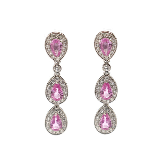 Pink Sapphire Radiance Halo 18K Natural Diamond White Gold Drop Earrings