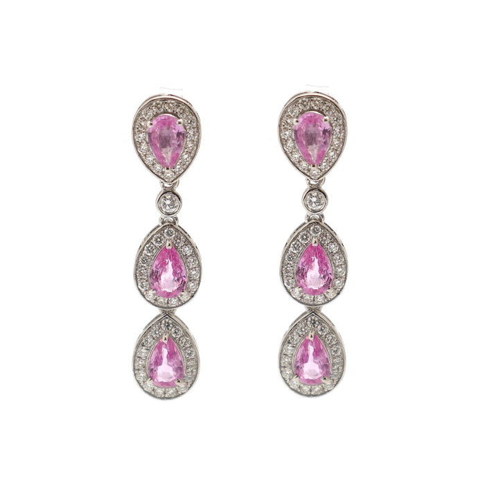 Pink Sapphire Radiance Halo 18K Natural Diamond White Gold Drop Earrings