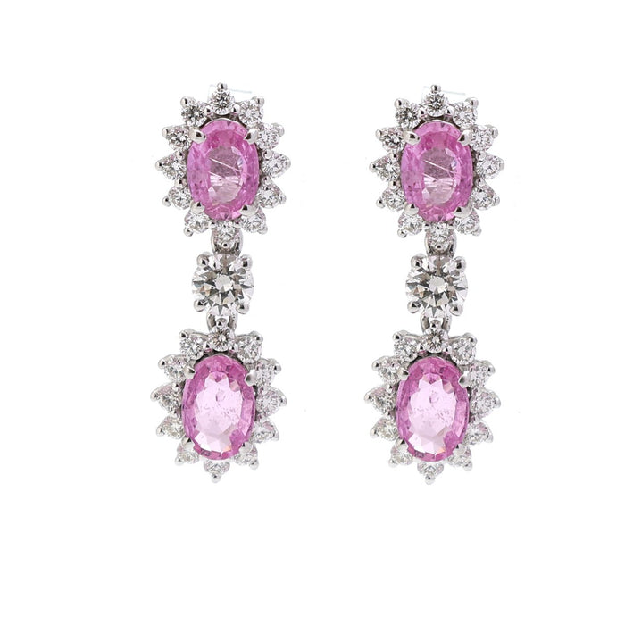 Pink Sapphire Double Halo 18K Natural Diamond White Gold Drop Earrings