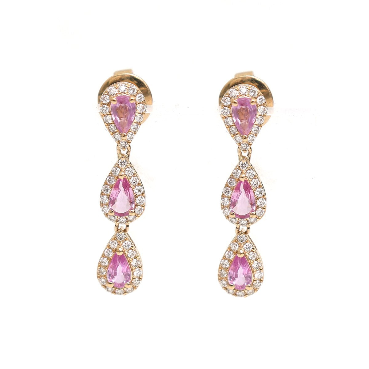 Pink Sapphire Triple Drop 18K Natural Diamond Yellow Gold Earrings