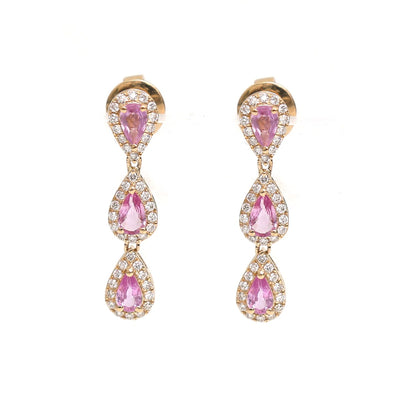 Pink Sapphire Triple Drop 18K Natural Diamond Yellow Gold Earrings