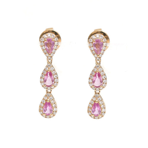 Pink Sapphire Triple Drop 18K Natural Diamond Yellow Gold Earrings