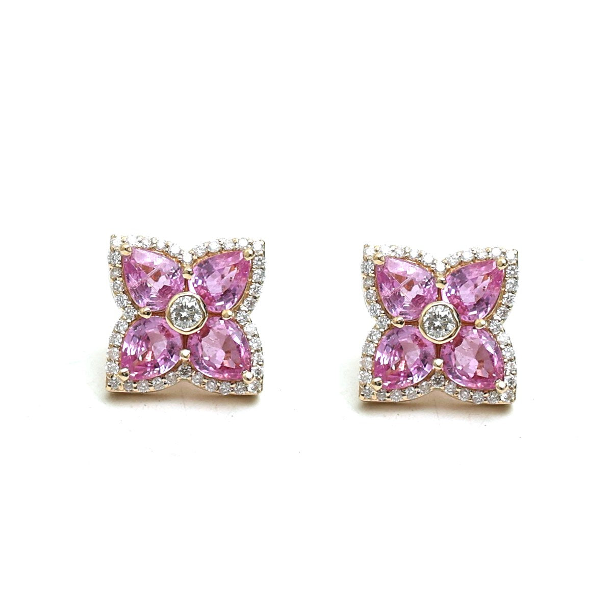Pink Sapphire Floral 18K Natural Diamond Yellow Gold Stud EarringsPink Sapphire Floral 18K Natural Diamond Yellow Gold Stud Earrings
