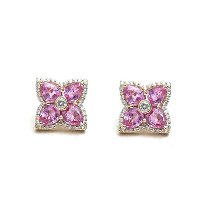 Pink Sapphire Floral 18K Natural Diamond Yellow Gold Stud EarringsPink Sapphire Floral 18K Natural Diamond Yellow Gold Stud Earrings