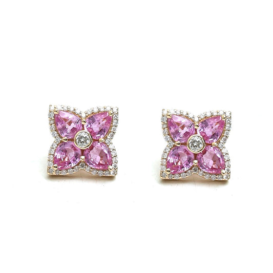 Pink Sapphire Floral 18K Natural Diamond Yellow Gold Stud EarringsPink Sapphire Floral 18K Natural Diamond Yellow Gold Stud Earrings