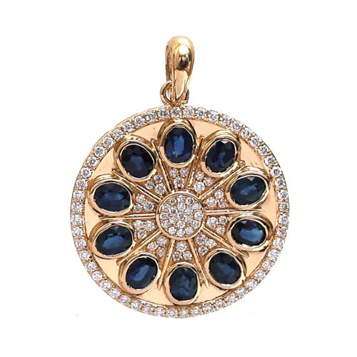 Blue Sapphire Diamond 18K Yellow Gold Sunburst Pendant Necklace