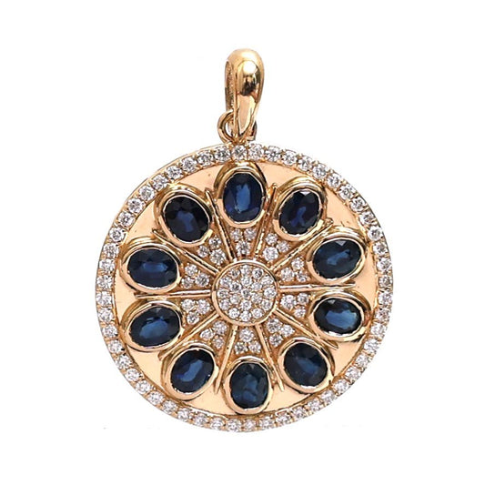 Blue Sapphire Diamond 18K Yellow Gold Sunburst Pendant Necklace