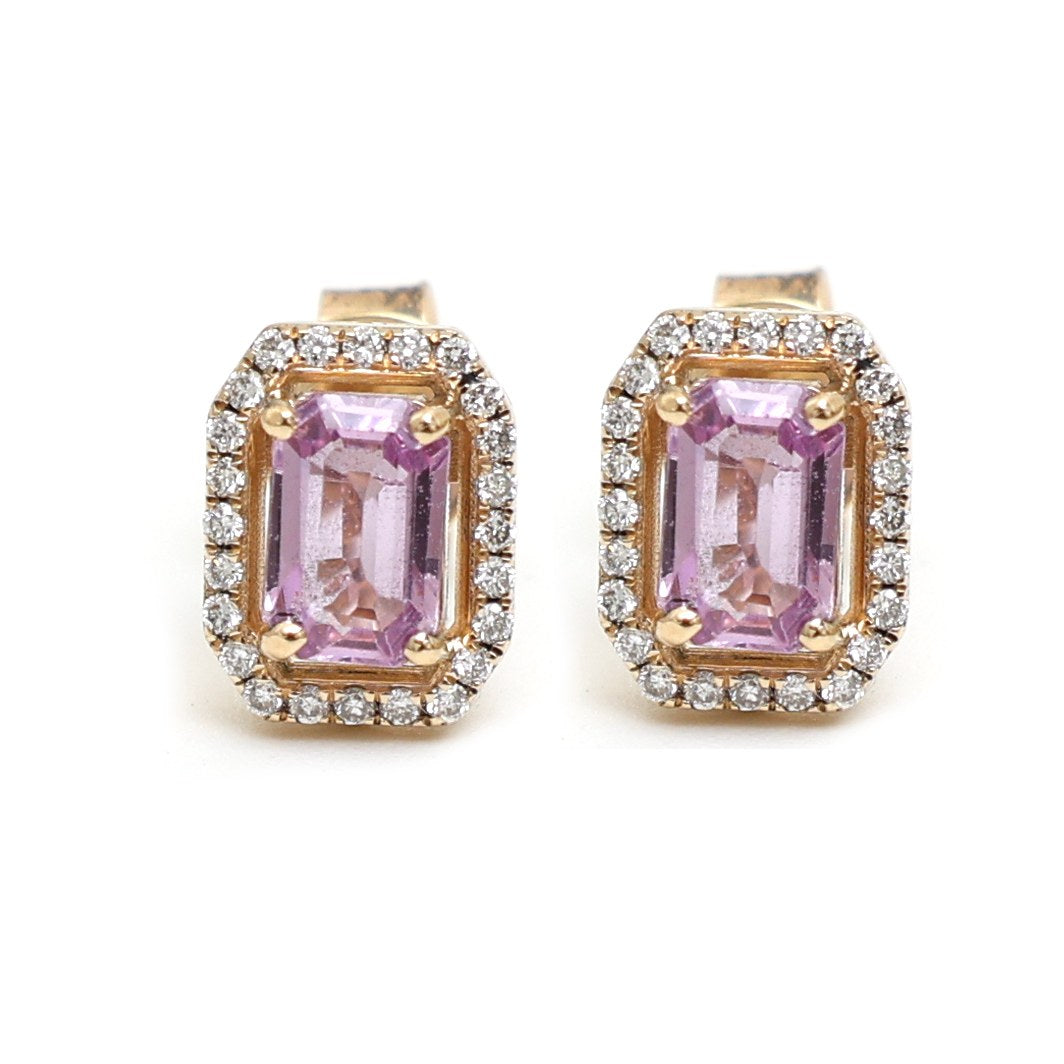 Pink Sapphire Emerald-Cut Halo 18K Natural Diamond Gold Stud Earrings