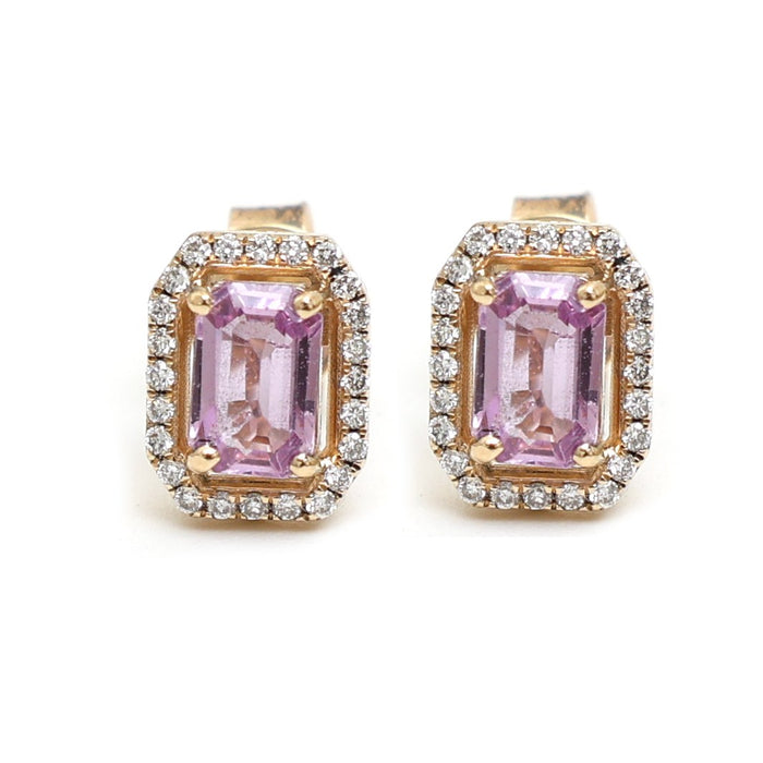Pink Sapphire Emerald-Cut Halo 18K Natural Diamond Gold Stud Earrings