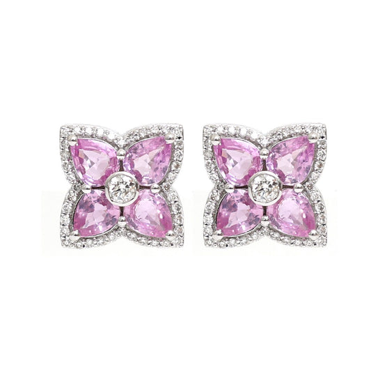 Pink Sapphire Floral Cluster 18K Natural Diamond White Gold Stud Earrings