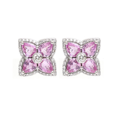 Pink Sapphire Blossom Cluster 18K Natural Diamond White Gold Stud Earrings