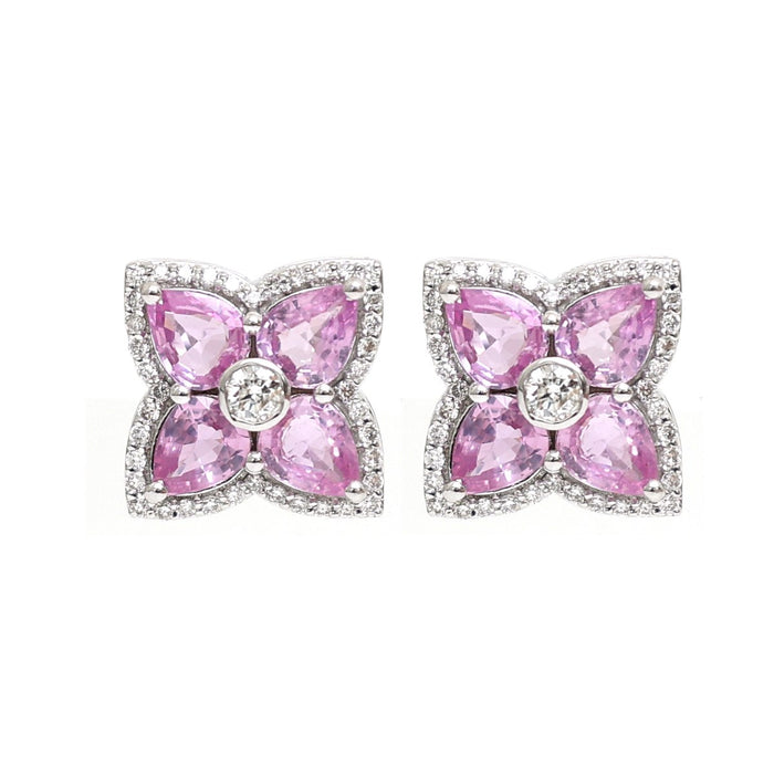 Pink Sapphire Blossom Cluster 18K Natural Diamond White Gold Stud Earrings