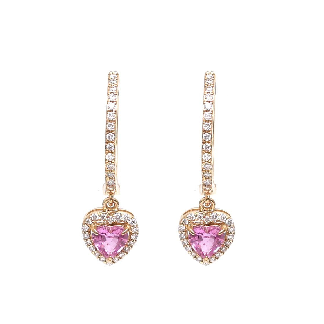 Pink Sapphire Heart Halo 18K Yellow Gold Drop Earrings
