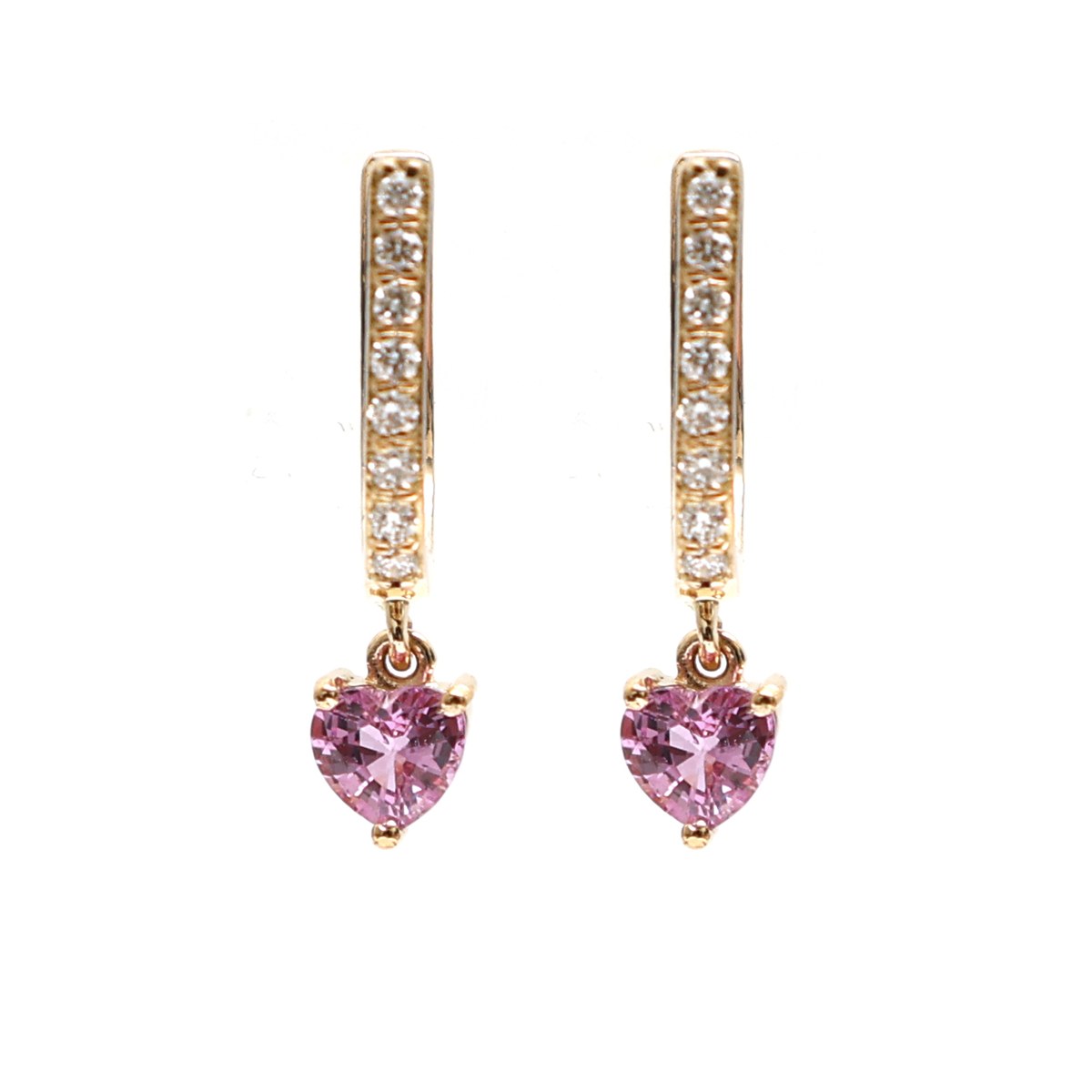 Heart-Shaped 18K Pink Sapphire & Natural Diamond Drop Earrings Yellow Gold