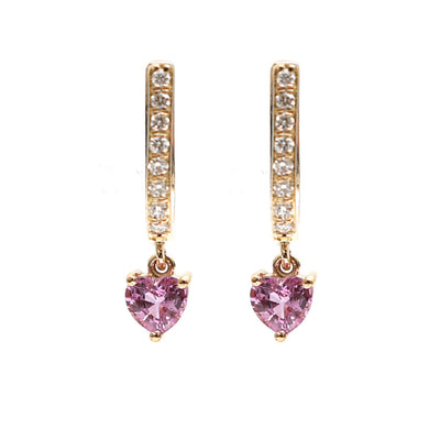 Heart-Shaped 18K Pink Sapphire & Natural Diamond Drop Earrings Yellow Gold