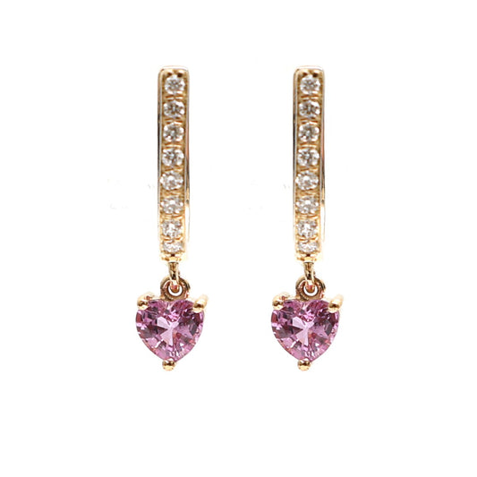 Heart-Shaped 18K Pink Sapphire & Natural Diamond Drop Earrings Yellow Gold