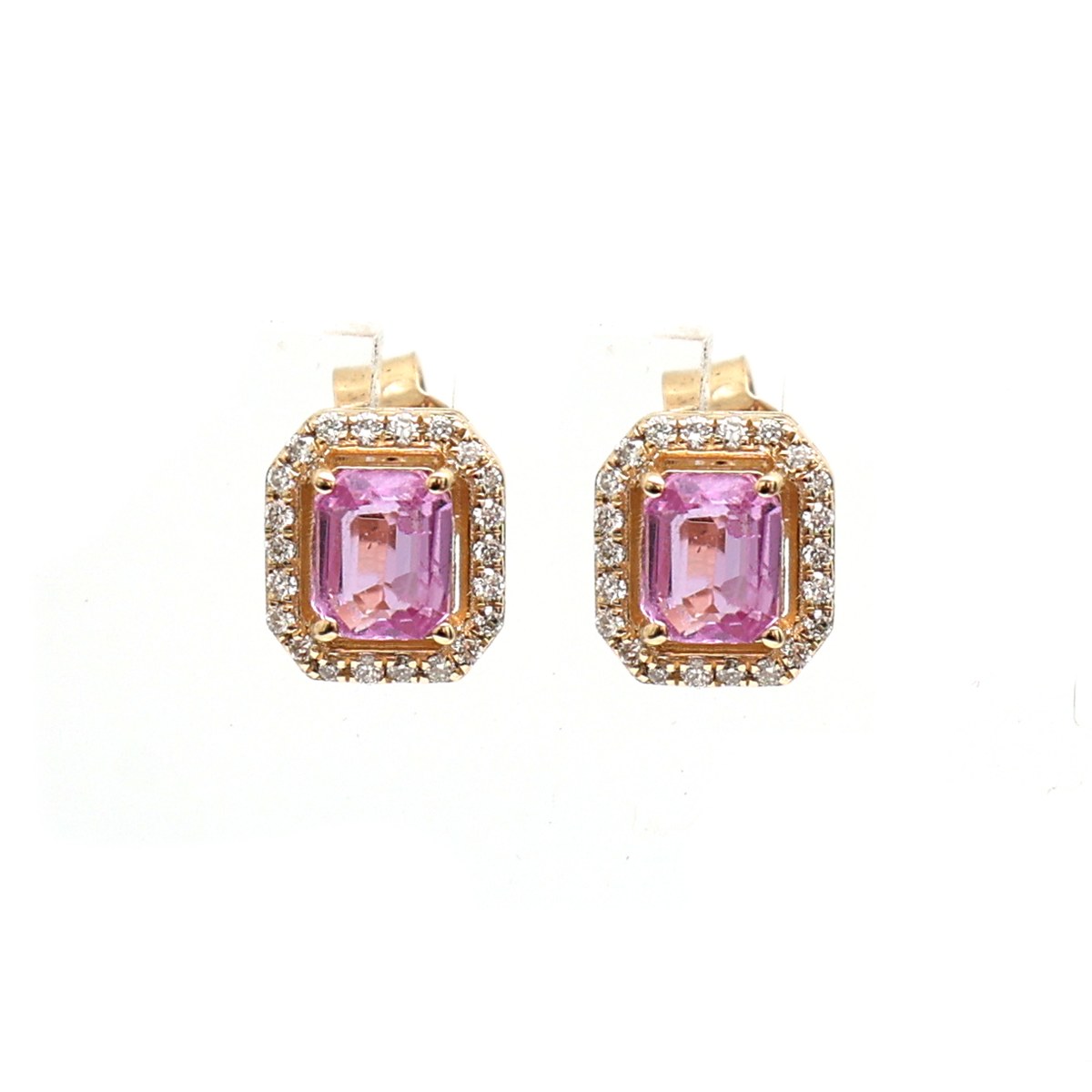 Pink Sapphire Blossom Halo 18K Natural Diamond Yellow Gold Stud Earrings