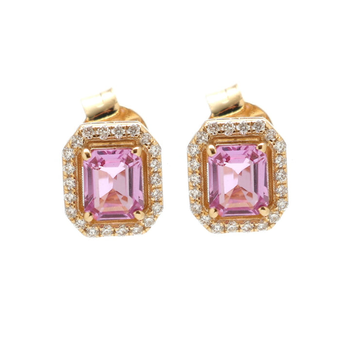Pink Sapphire Halo 18K Natural Diamond Yellow Gold Stud Earrings