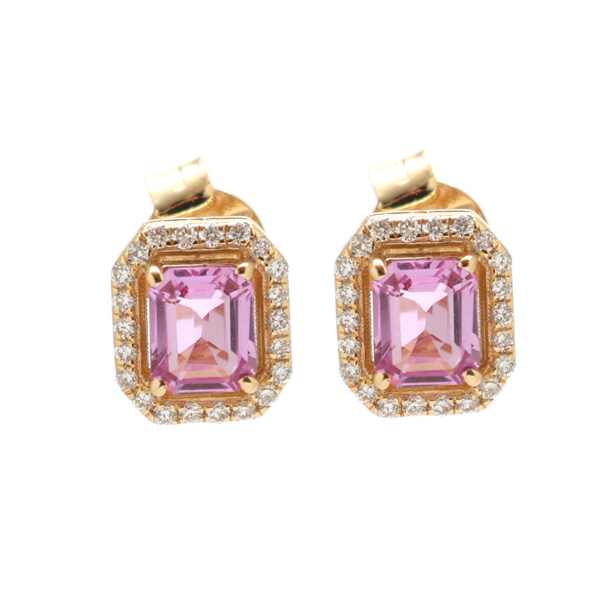 Pink Sapphire Emerald-Cut Natural Diamond Halo 18K Yellow Gold Stud Earrings
