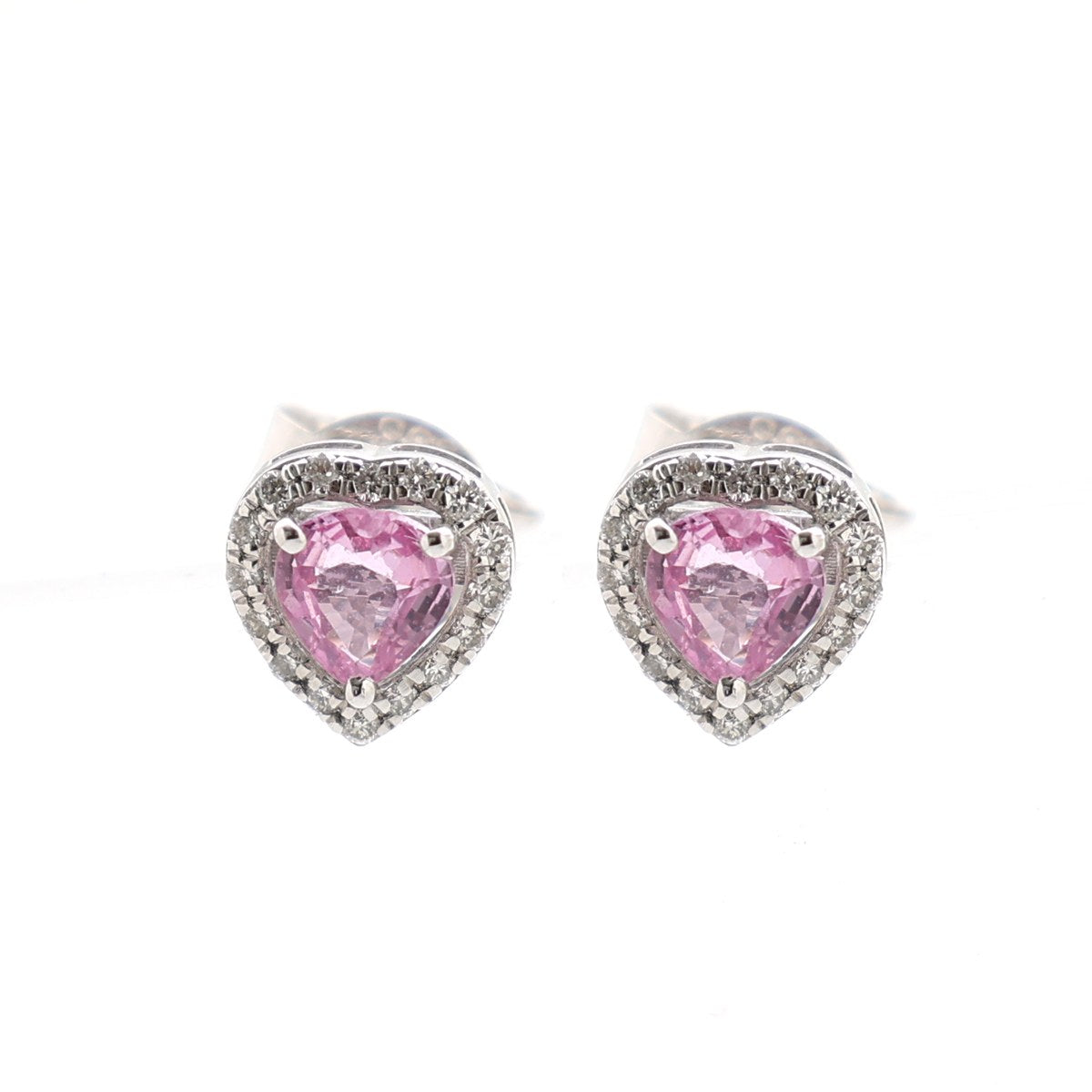 Pink Sapphire Amour Heart 14K (18k Custom)  Natural Diamond White Gold Stud Earrings