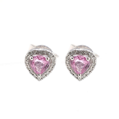 Pink Sapphire Amour Heart 14K (18k Custom)  Natural Diamond White Gold Stud Earrings
