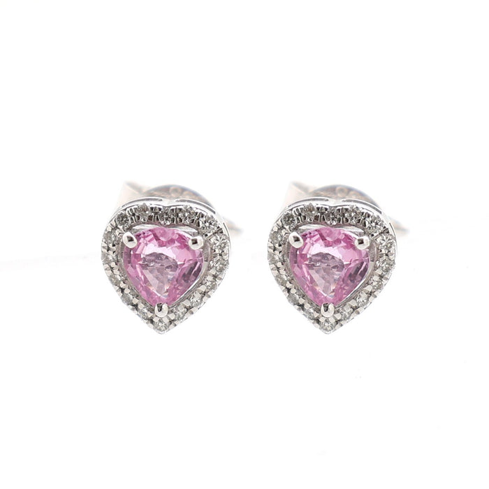 Pink Sapphire Amour Heart 14K (18k Custom)  Natural Diamond White Gold Stud Earrings