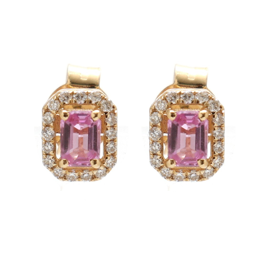 Pink Sapphire Royal Halo 18K Natural Diamond Yellow Gold Stud Earrings