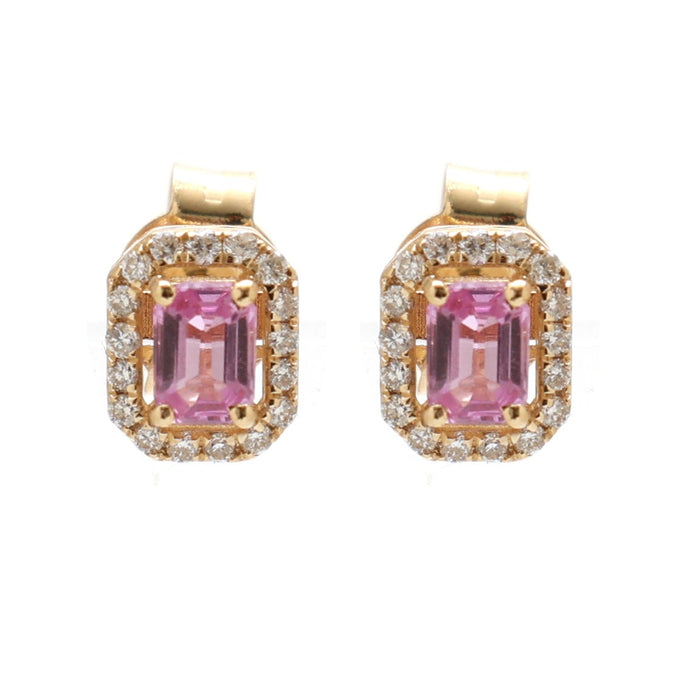Pink Sapphire Royal Halo 18K Natural Diamond Yellow Gold Stud Earrings