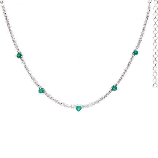 Emerald Heart 18K White Gold Diamond Station Necklace