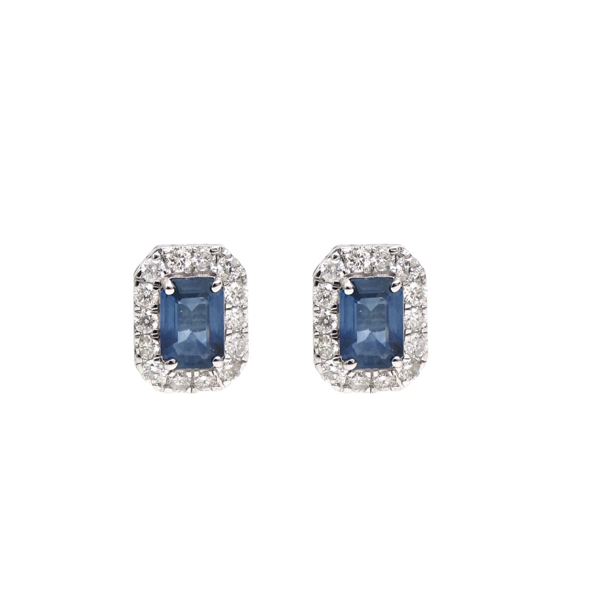 Blue Sapphire Halo 14K (18K Custom) Natural Diamond White Stud Earrings