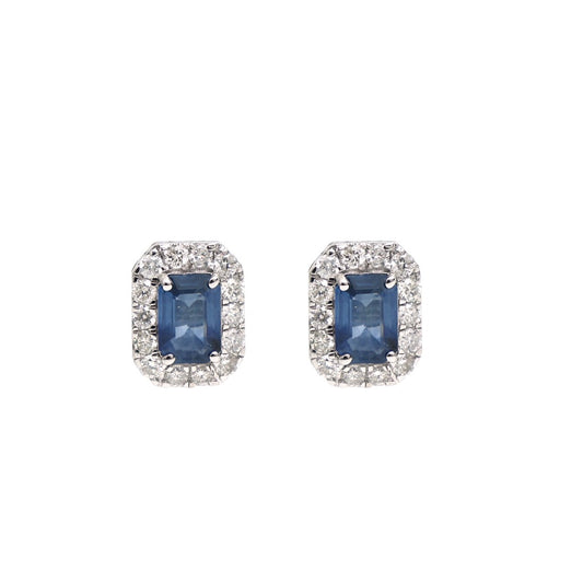 Blue Sapphire Halo 14K (18K Custom) Natural Diamond White Stud Earrings