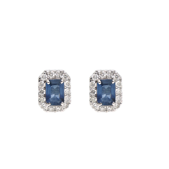 Blue Sapphire Halo 14K (18K Custom) Natural Diamond White Stud Earrings
