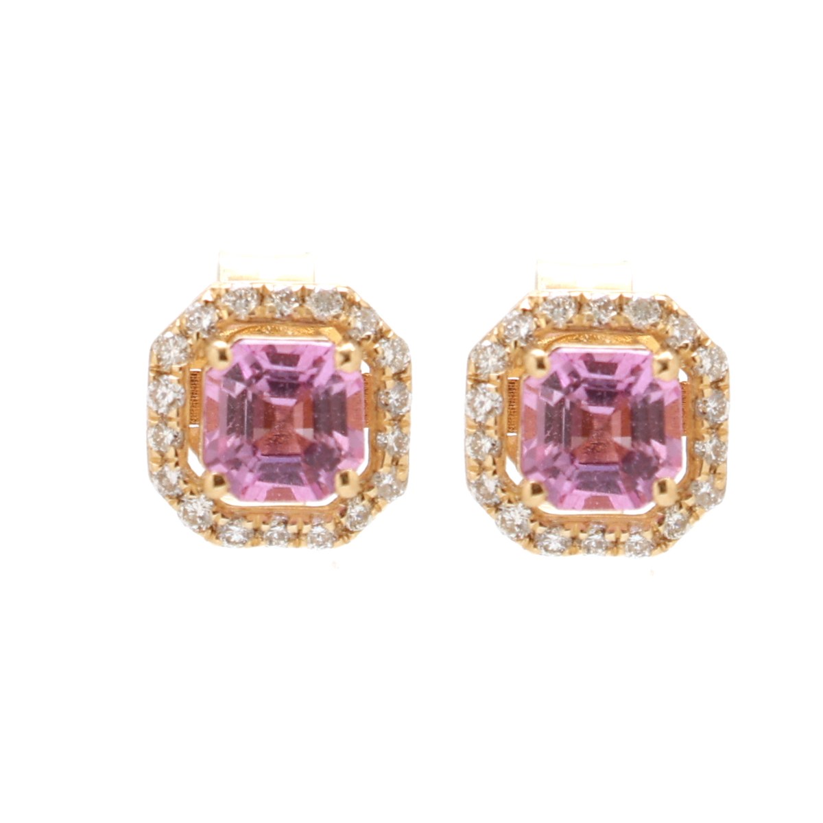Pink Sapphire 18K Natural Diamond Yellow Gold Halo Stud Earrings