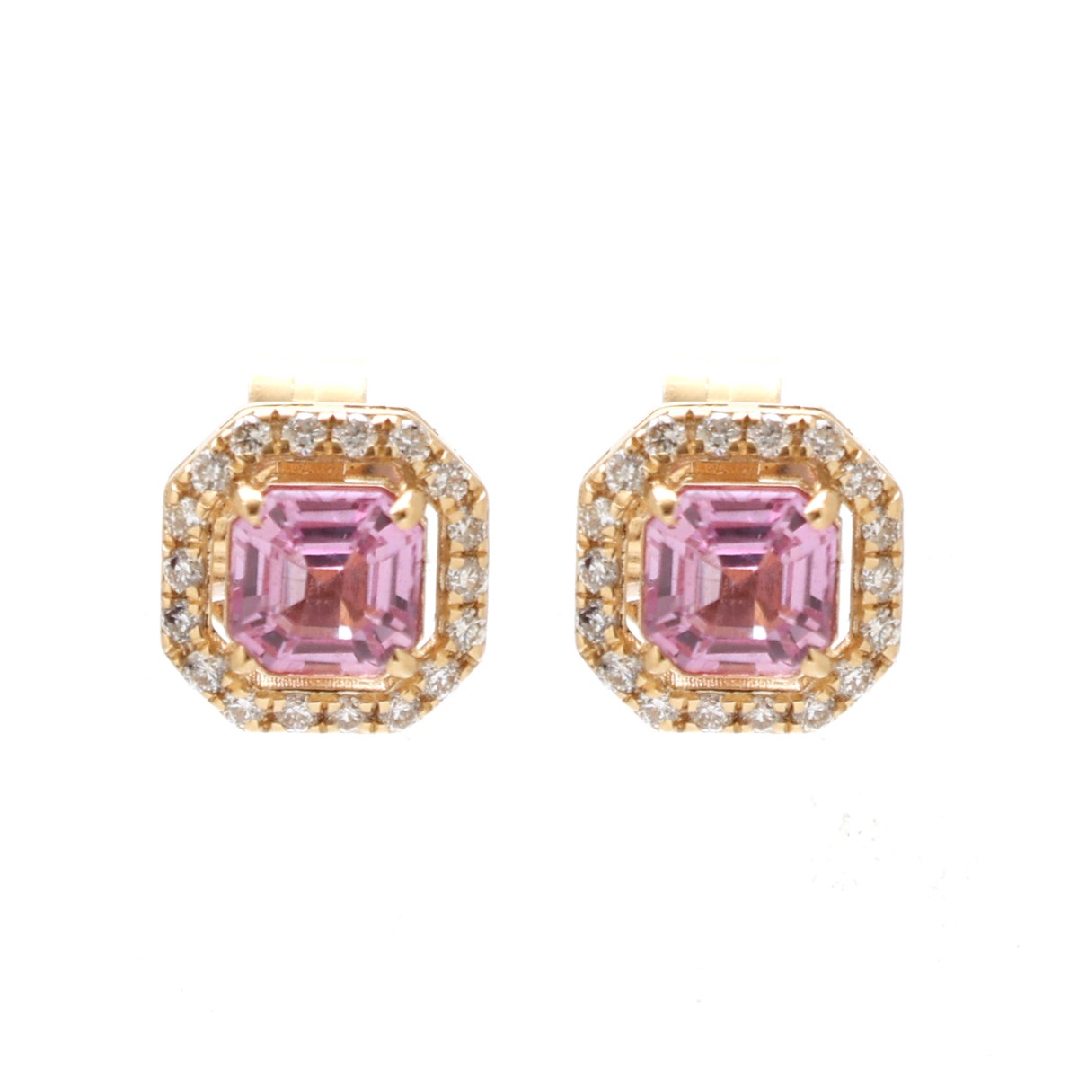Asscher Cut Pink Sapphire 18K Natural Diamond Yellow Gold Halo Stud Earrings
