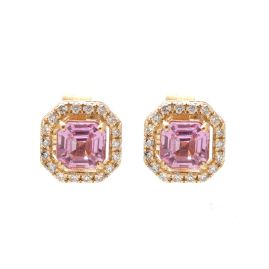 Asscher Cut Pink Sapphire 18K Natural Diamond Yellow Gold Halo Stud Earrings