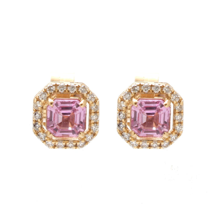 Asscher Cut Pink Sapphire 18K Natural Diamond Yellow Gold Halo Stud Earrings
