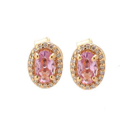 Oval Pink Sapphire Halo 18K Natural Diamond Yellow Gold Stud Earrings