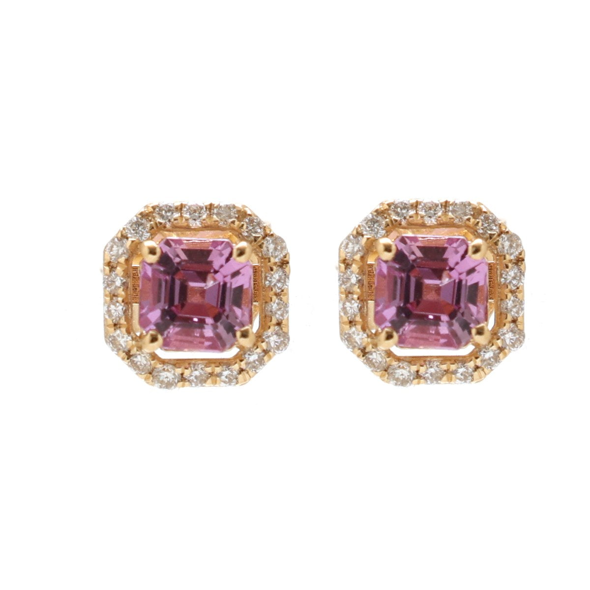 Pink Sapphire Moonlit Halo 18K Natural Diamond Yellow Gold Stud Earrings