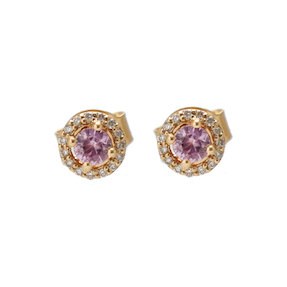 Pink Sapphire Celestial Halo 18K Natural Diamond Yellow Gold Stud Earrings