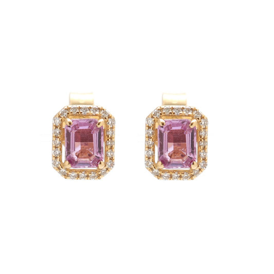 Pink Sapphire Radiance Halo 18K Natural Diamond Yellow Gold Stud Earrings