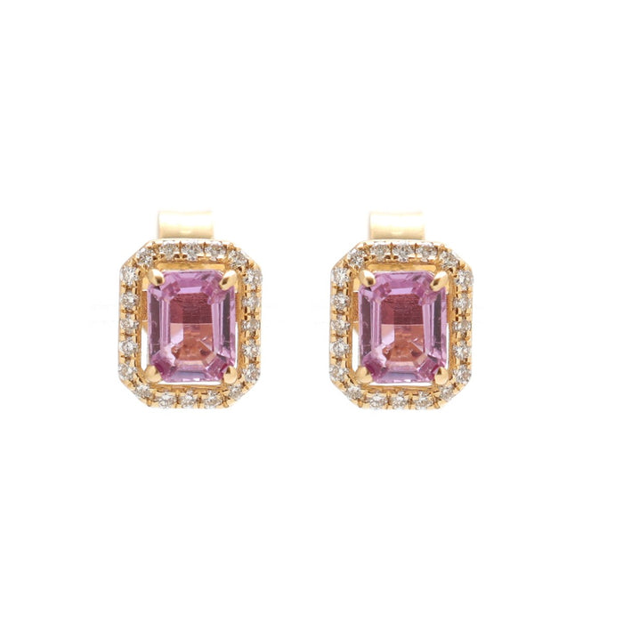 Pink Sapphire Radiance Halo 18K Natural Diamond Yellow Gold Stud Earrings