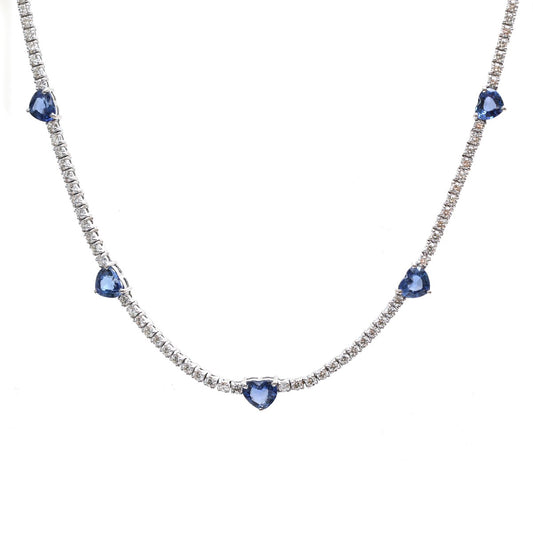 Luxury Blue Sapphire Heart Station 18K White Gold Necklace