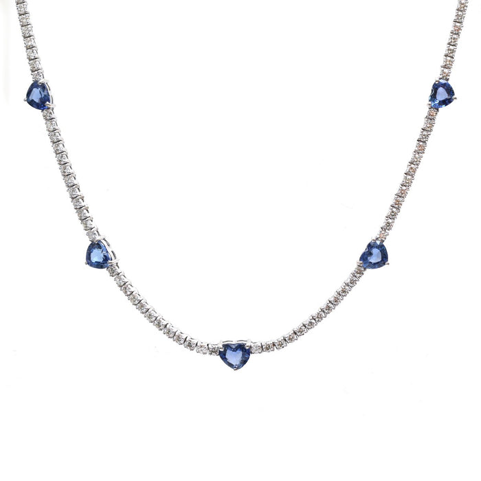 Luxury Blue Sapphire Heart Station 18K White Gold Necklace