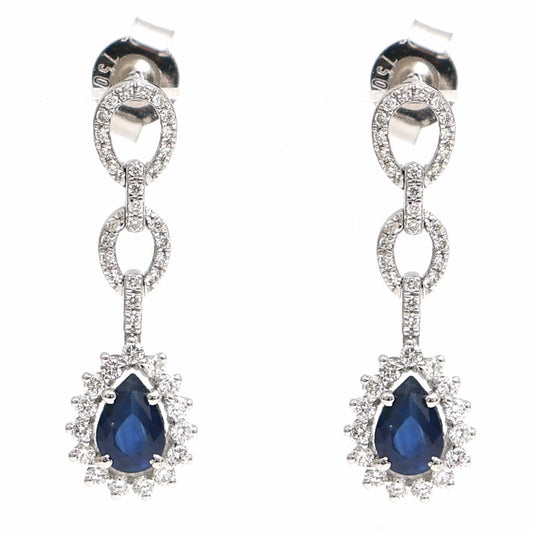 Imperial Blue Sapphire Diamond Drop Earrings in 18K White Gold