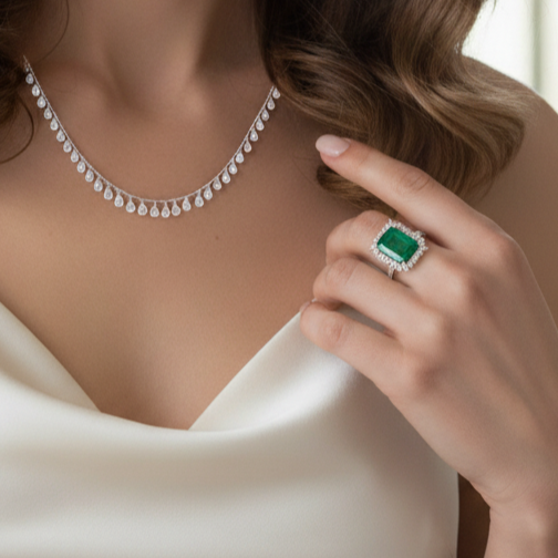 Majestic Emerald Cut Green Gemstone Ring in 18K White Gold