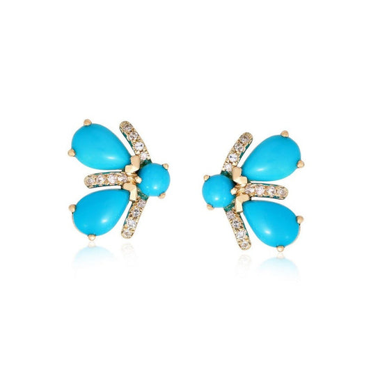 Bee Wing Turquoise Diamond Earrings in 14K Yellow Gold